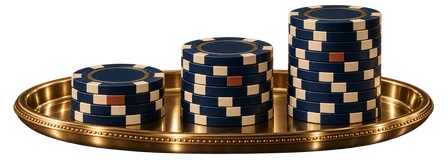 Three stacks of casino chips on a brass tray